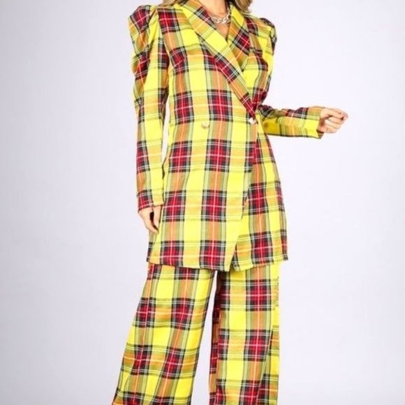 Callie Berry: Sunshine Yellow Puff Sleeve Plaid Oversized Palazzo Pant Medium - Picture 17 of 17